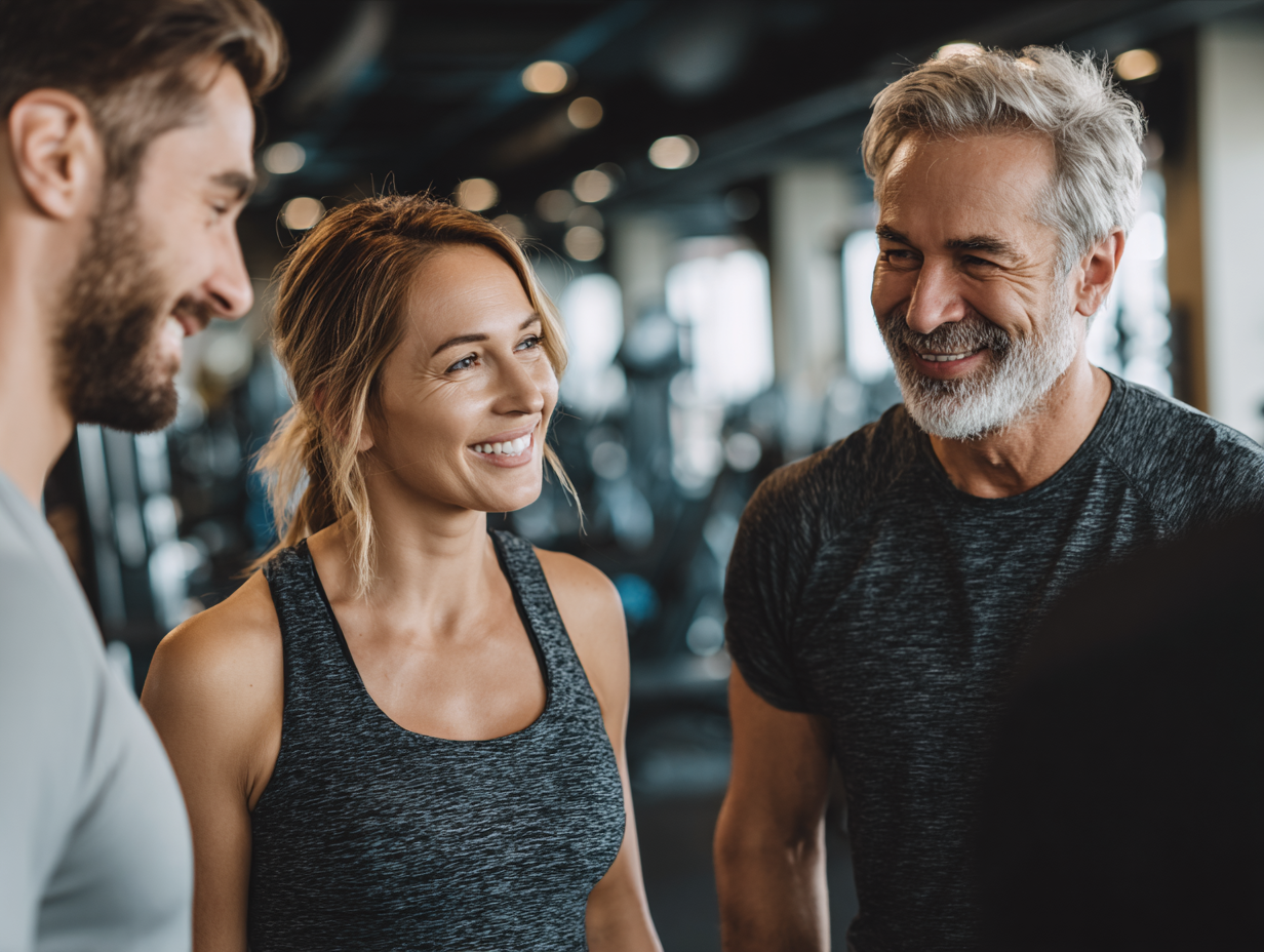 Професійні тренери працюють з людьми різного віку в сучасному фітнес-центрі