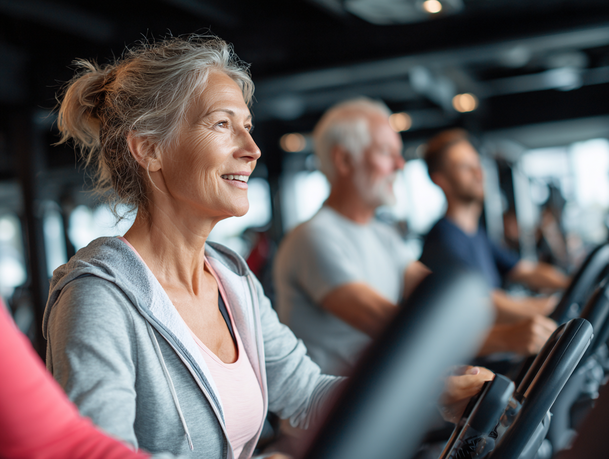 Активні люди різного віку займаються фітнесом в сучасному спортивному залі